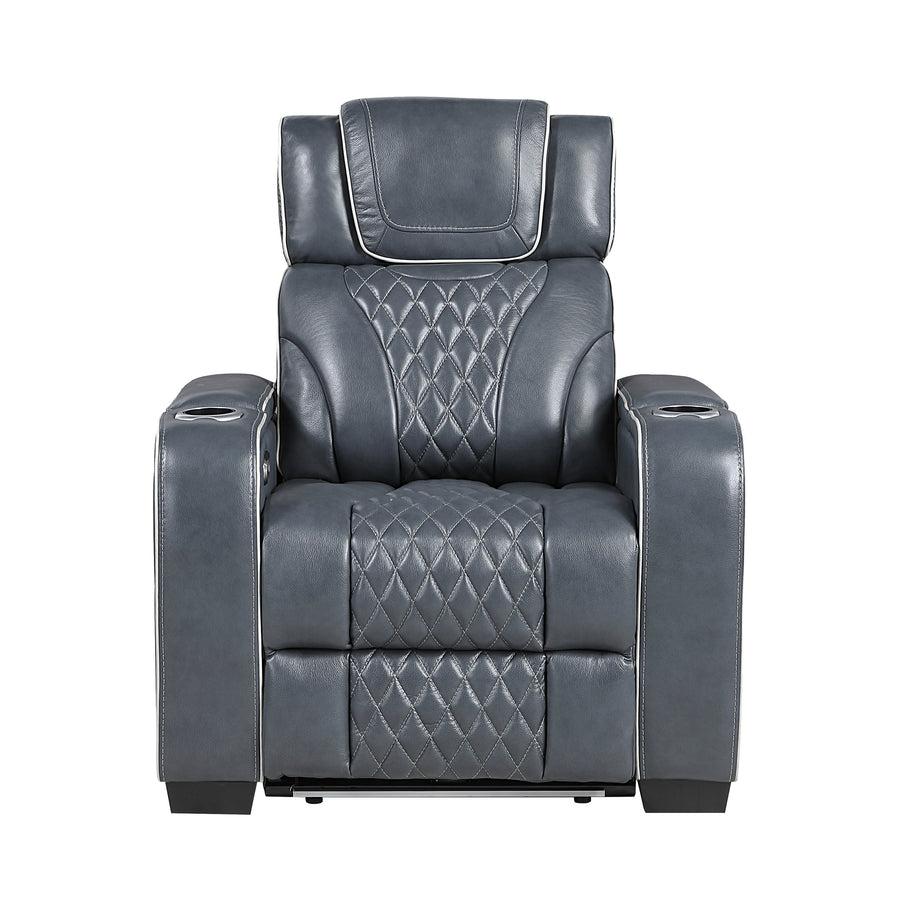 Apex Blue TOP GRAIN LEATHER/POWER/LED/MASSAGE Reclining Set 8449