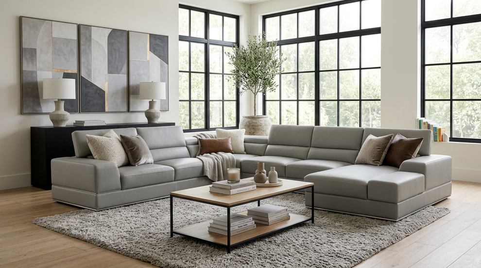 Nella Grey Sectional Sofa | Italian Leather Match MI-5107
