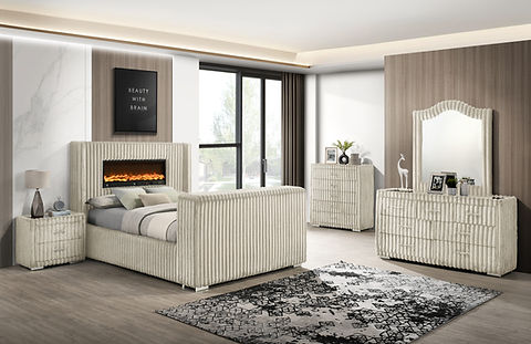 Henley Cream Corduroy LED Fireplace/TV Lift Platform Bedroom Set B2040