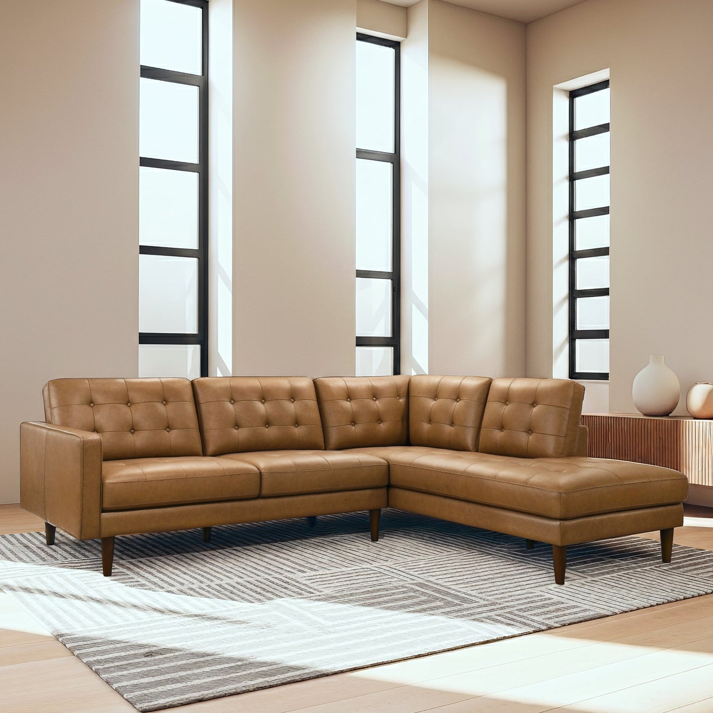 Lucco Cognac Modern L-Shaped GENUINE LEATHER RAF Sectional