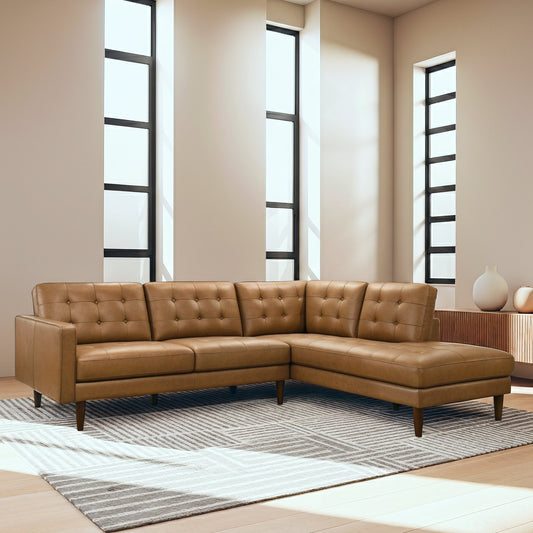 Lucco Cognac Modern L-Shaped GENUINE LEATHER RAF Sectional