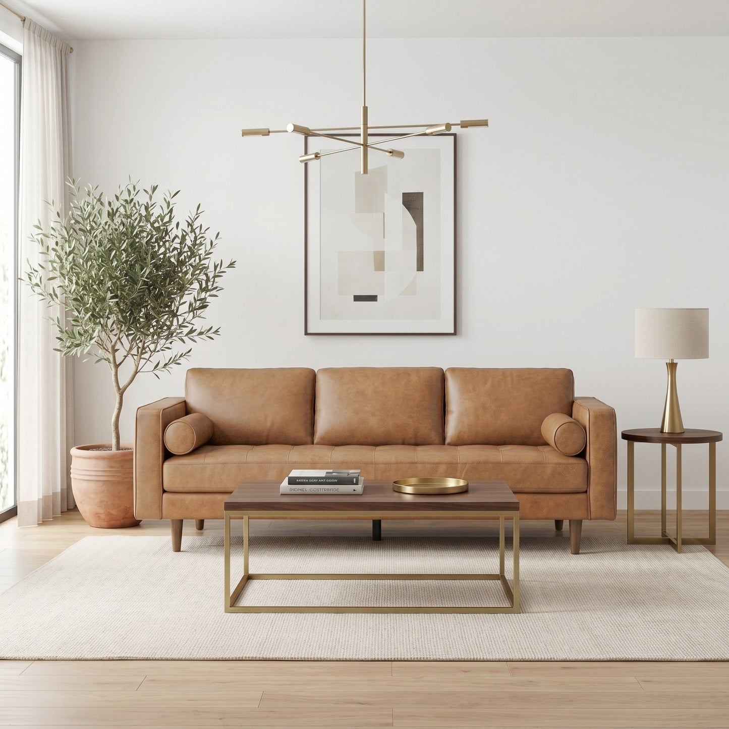 Catherine Tan Leather Mid-Century Modern Sofa