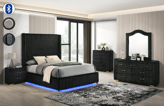 Melinda Black Corduroy Fabric LED/BLUETOOTH SPEAKERS Bedroom Set  B3001