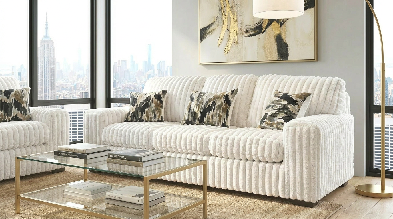 Austin Ivory Corduroy Fabric Sofa and Loveseat S319
