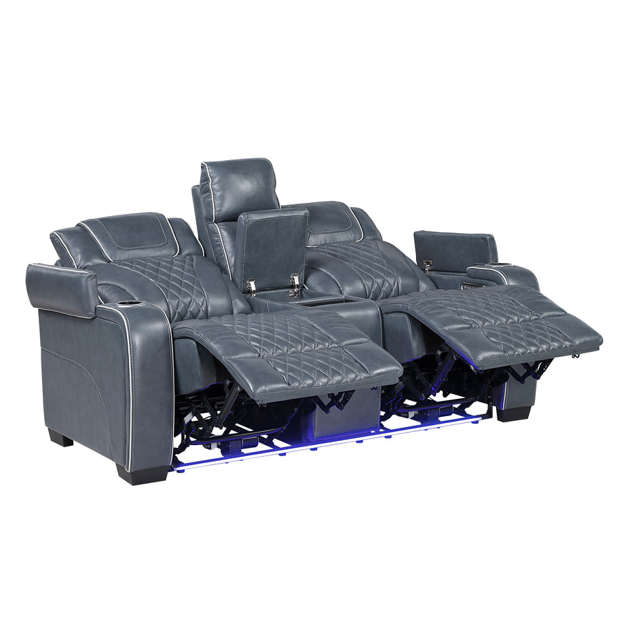 Apex Blue TOP GRAIN LEATHER/POWER/LED/MASSAGE Reclining Set 8449