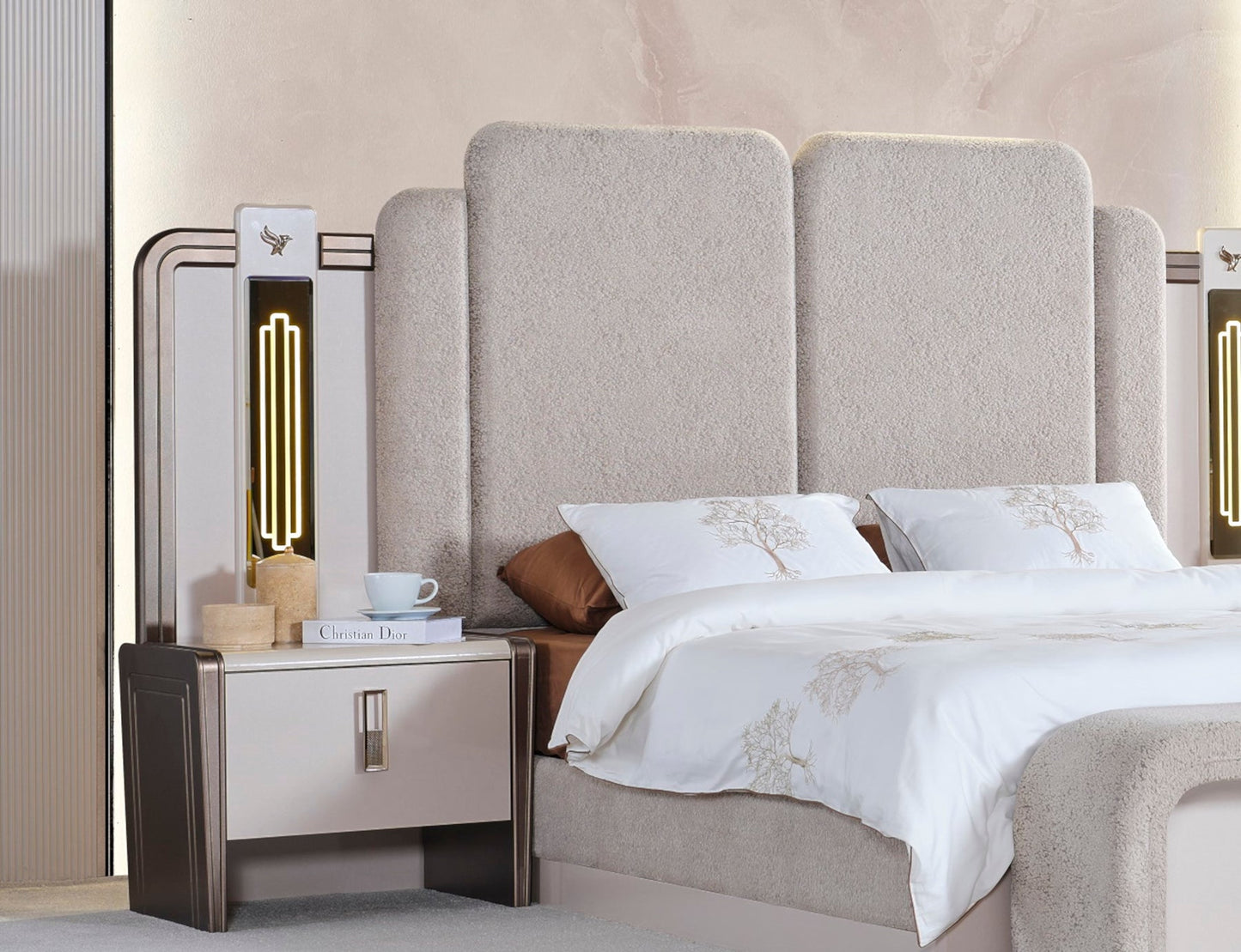 Nirvana Luxury Bedroom Set (Bed & Dresser With Mirror & Ottoman & 2 Nightstand With Back )