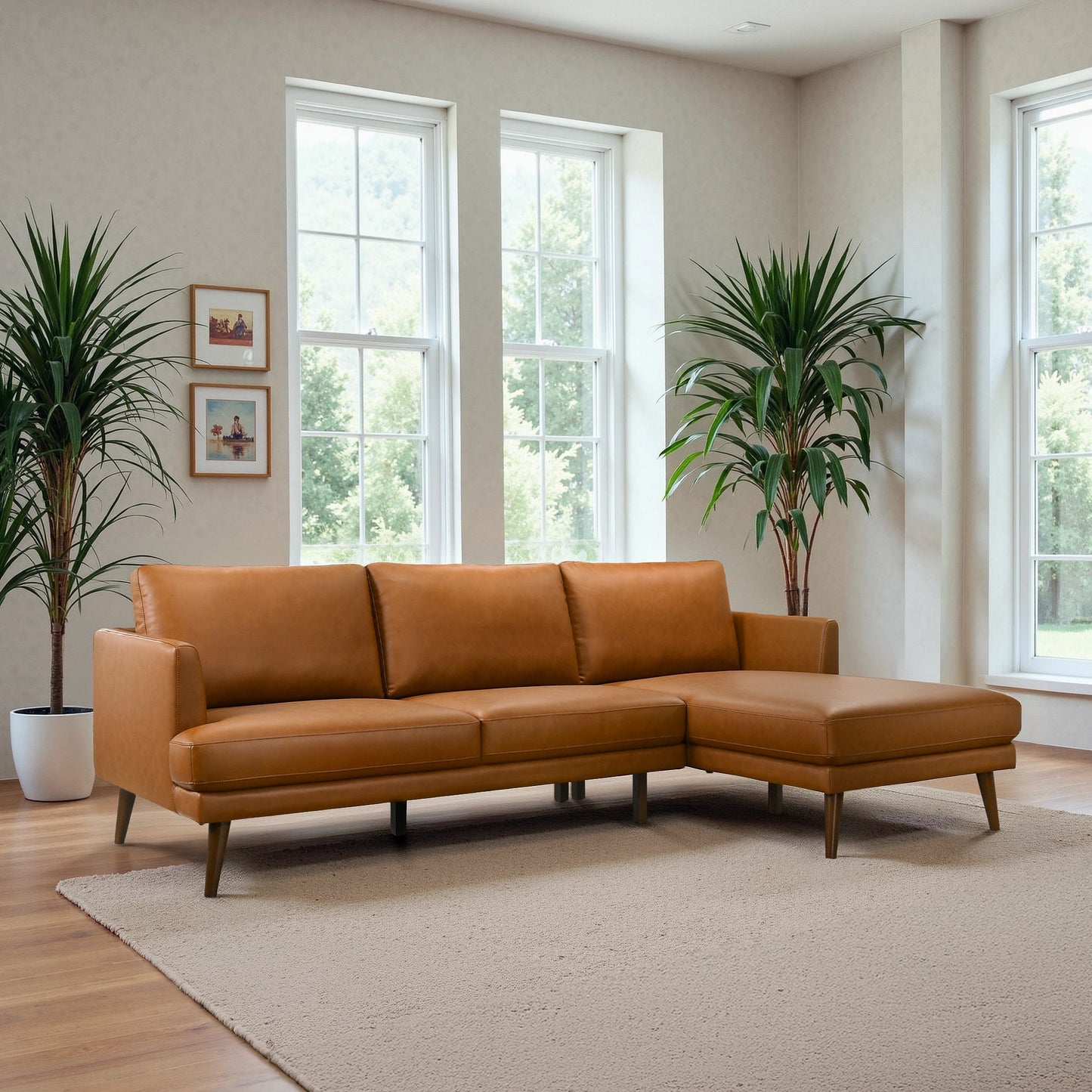 Lore Tan L-Shaped Genuine Leather RAF Sectional