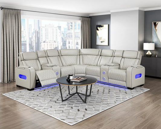 Fairway Taupe 3pc LED/POWER Reclining Sectional with Consoles and Wireless Speakers