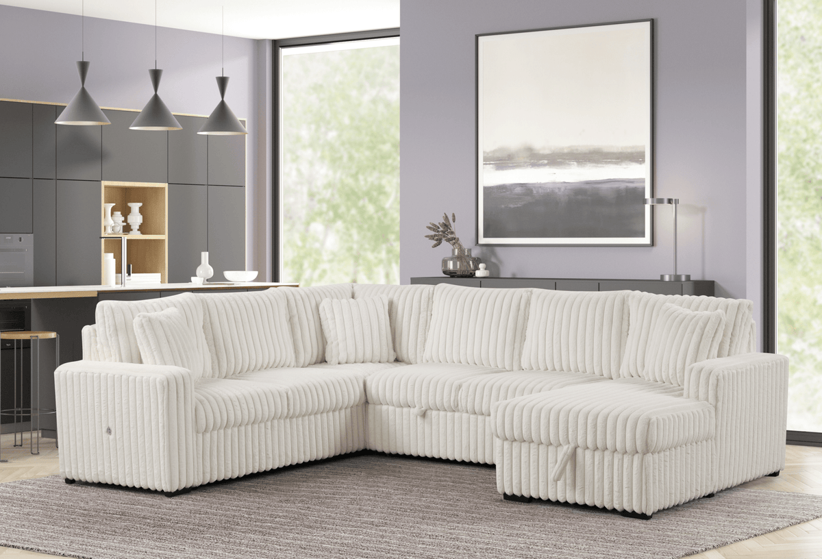 Raha II White Corduroy Pull-Out Bed Sectional S3675
