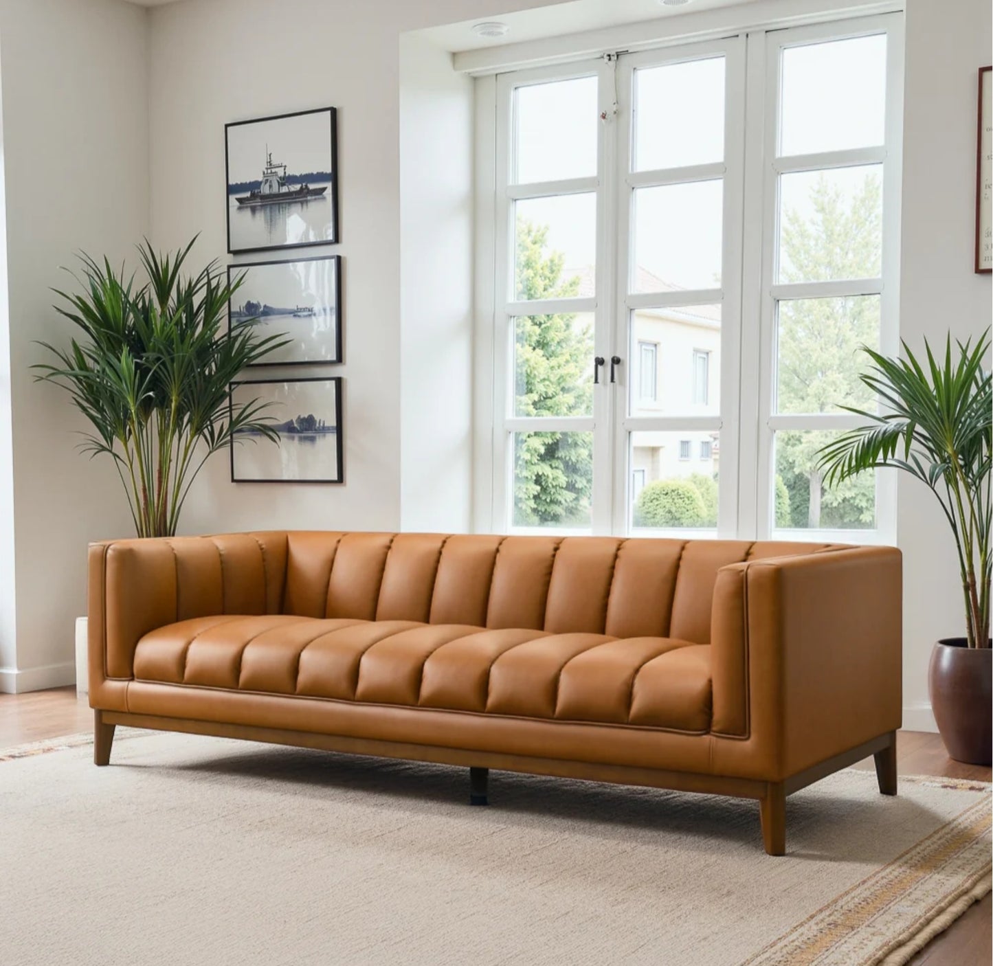 Melissa 91" Mid-Century Modern Tufted Vegan Leather Sofa