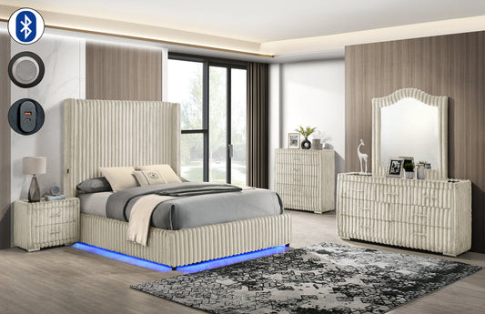 Melinda Cream Corduroy Fabric LED Bedroom Set  B3001