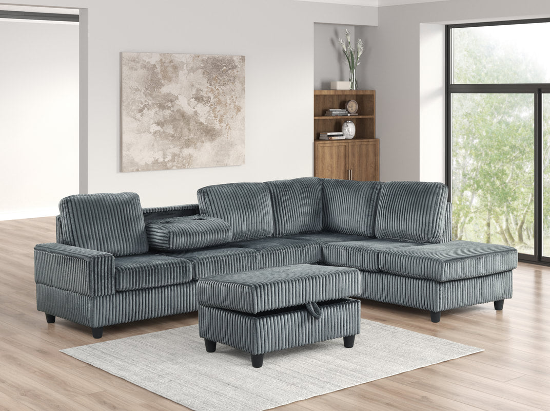 Heights50 Charcoal Corduroy Fabric Reversible Sectional with Storage Ottoman
