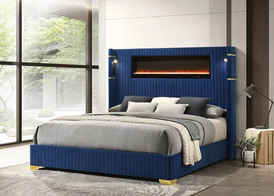 Romance2 Blue Fireplace/BlutoothSpeakers King Platform Bed