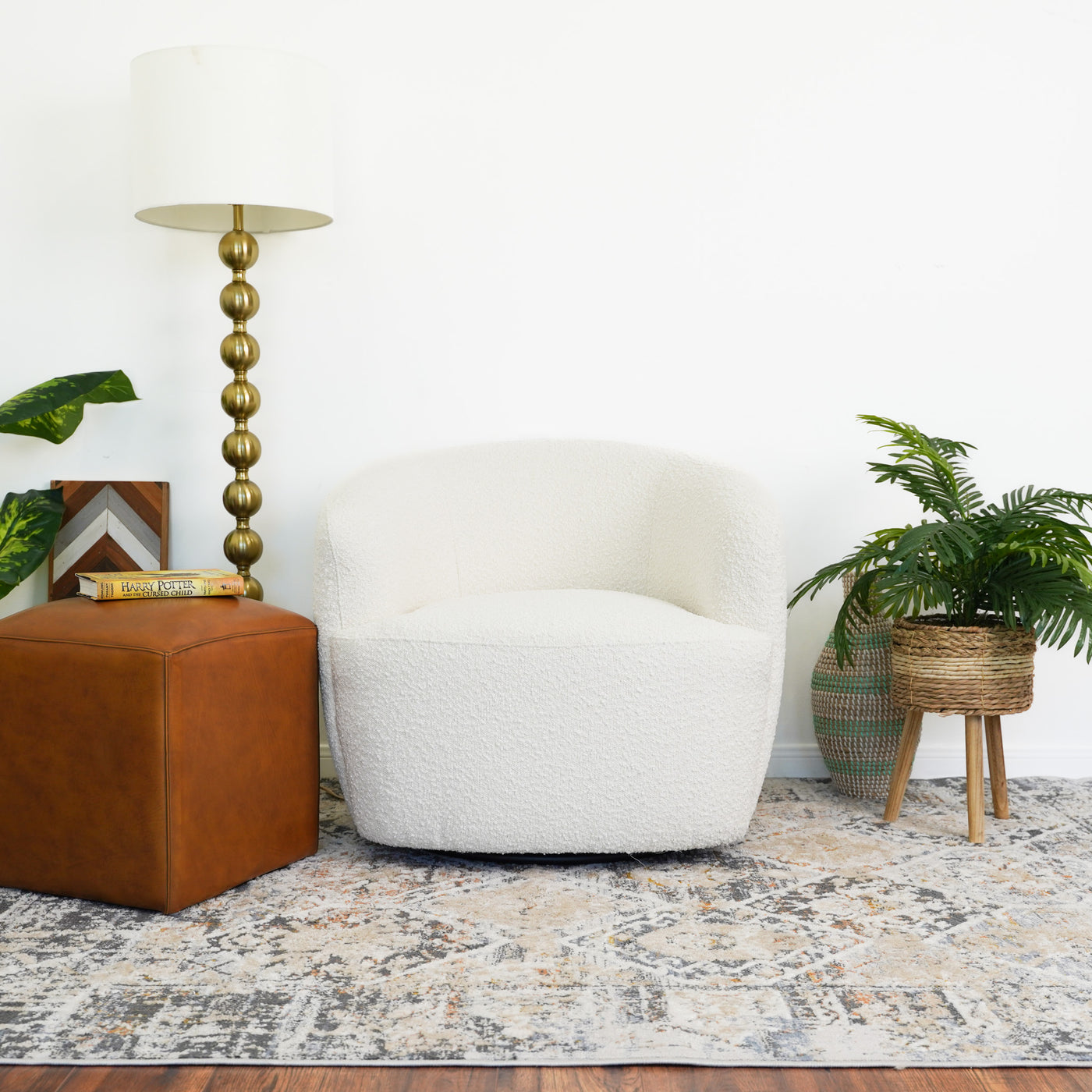 Mina White Boucle Swivel Chair