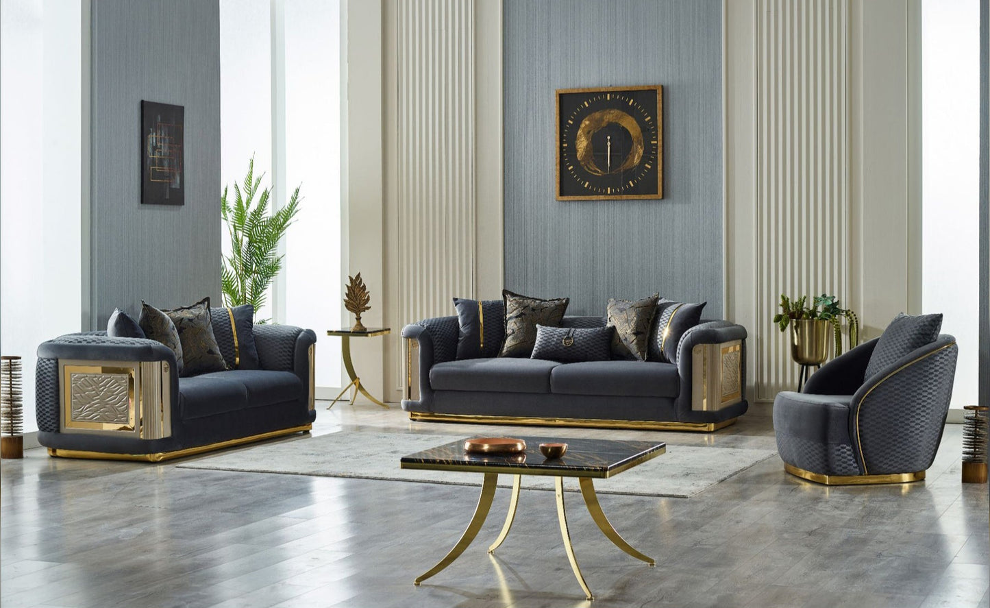 Elegance 3-pieces (Sofa & Loveseat & Chair) Livingroom Set Dark Grey