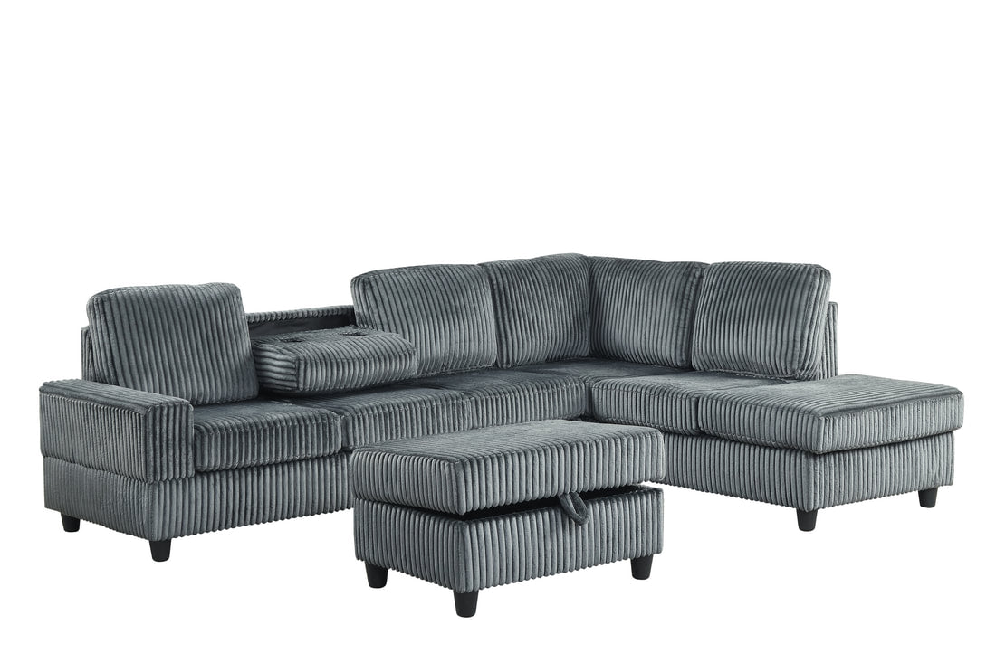 Heights50 Charcoal Corduroy Fabric Reversible Sectional with Storage Ottoman