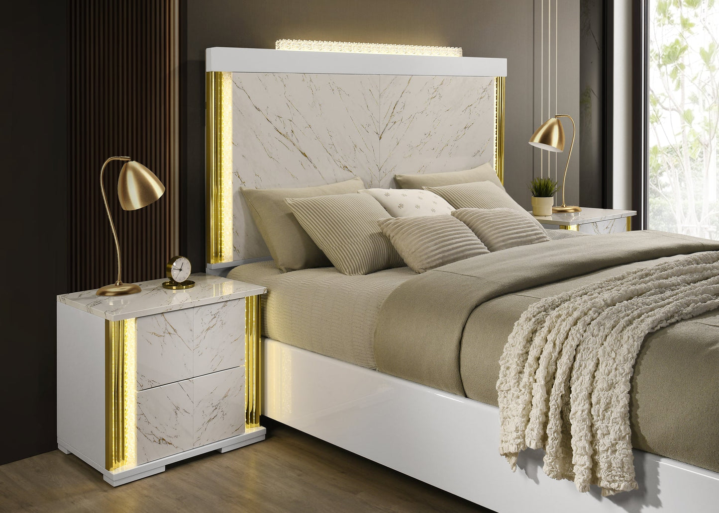 Mika White/Gold LED Panel Bedroom Set B31
