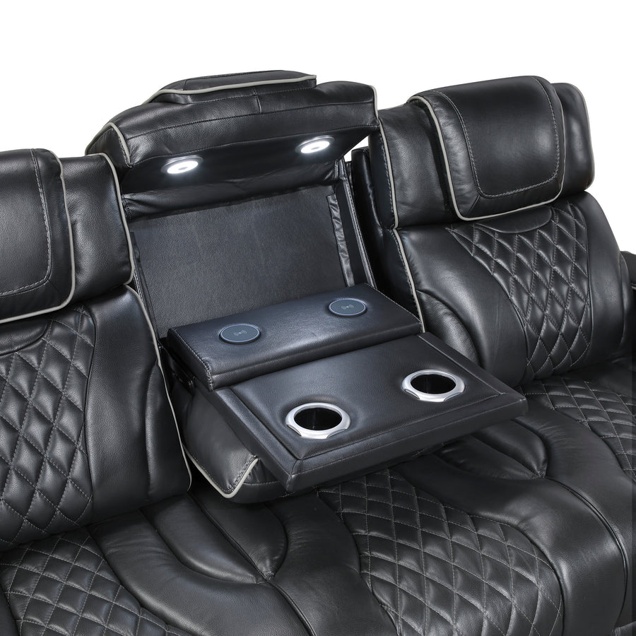 Apex Black TOP GRAIN LEATHER/POWER/LED/MASSAGE Reclining Set 8449