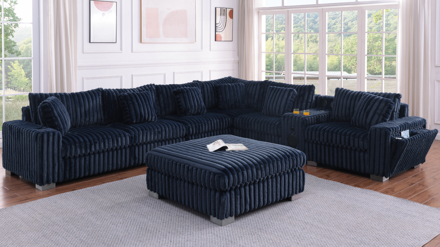 Snuggle Station Blue Corduroy BLUETOOTH SPEAKERS 7pc Sectional  S329
