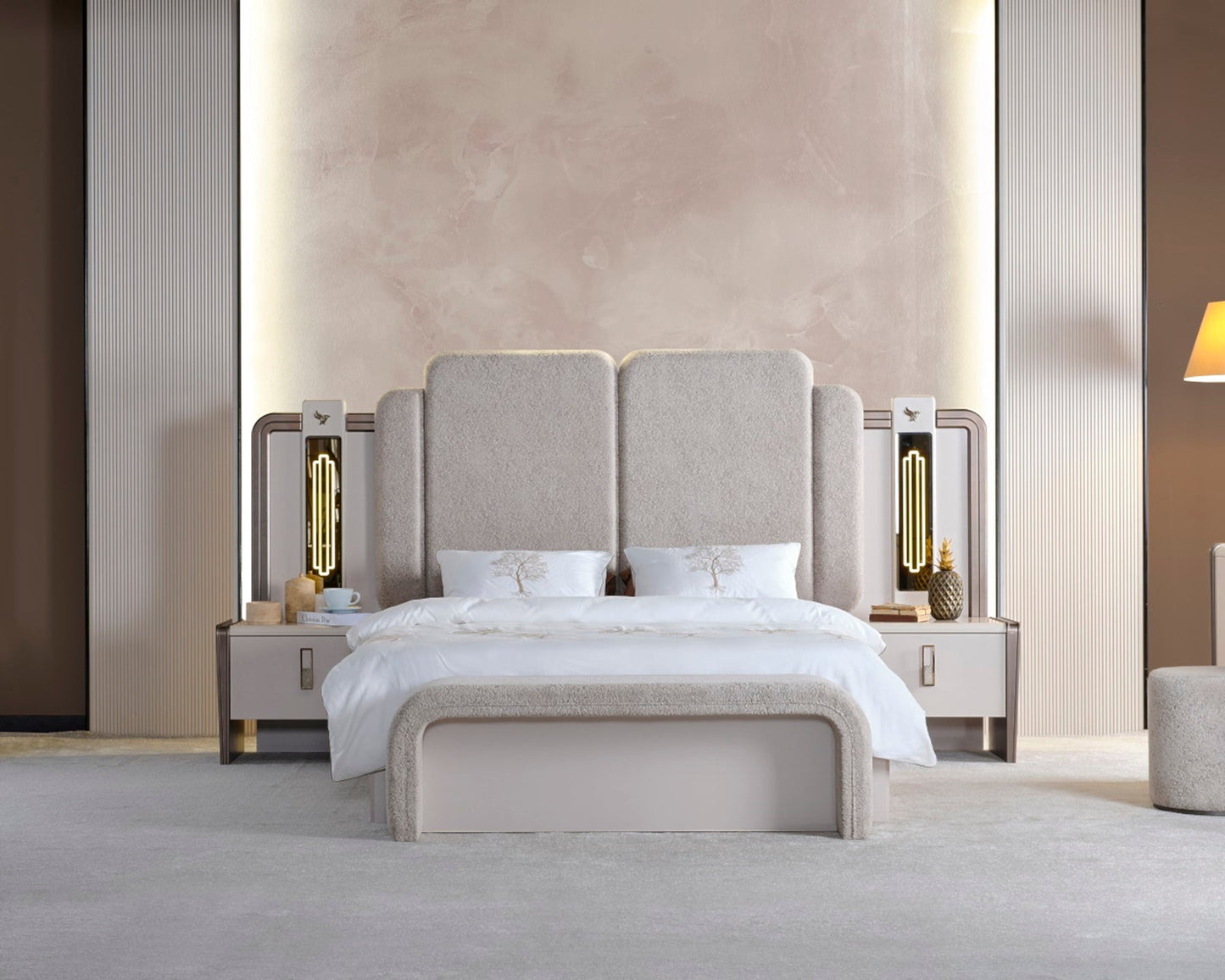Nirvana Luxury Bedroom Set (Bed & Dresser With Mirror & Ottoman & 2 Nightstand With Back )