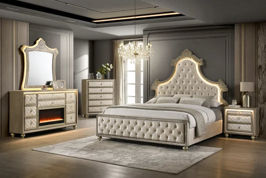 Majesty Cream Velvet FIREPLACE/LED Platform Bedroom Set