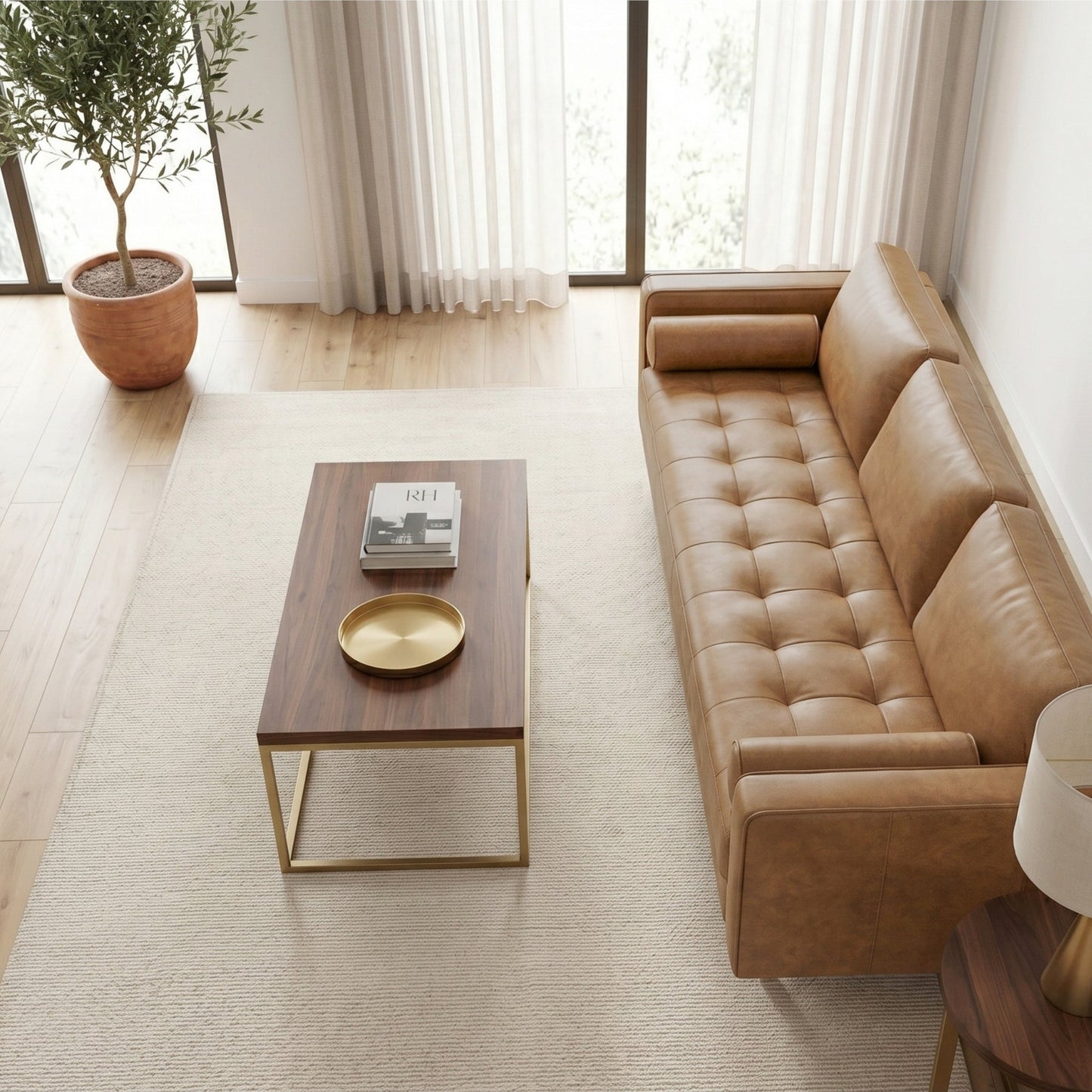 Catherine Tan Leather Mid-Century Modern Sofa