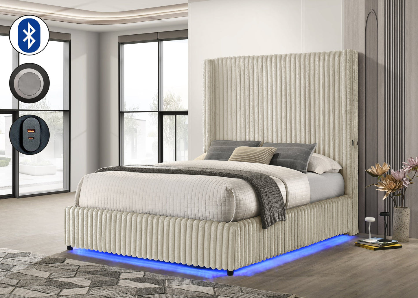 Melinda Cream Corduroy Fabric LED Bedroom Set  B3001