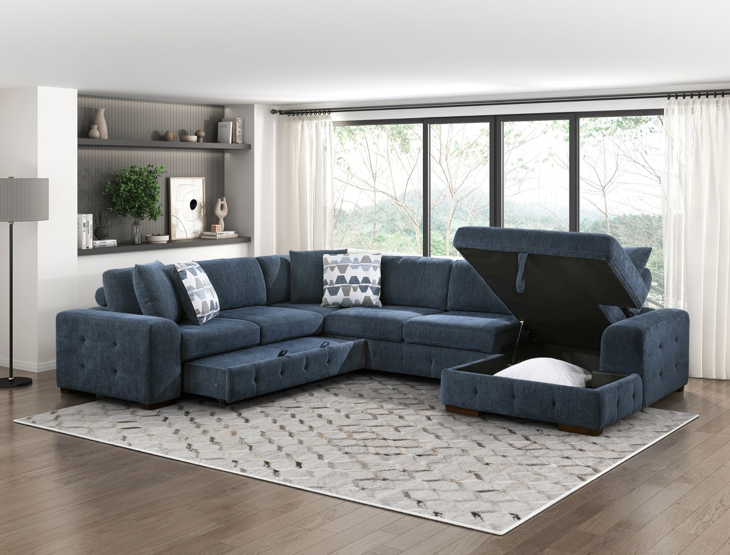 Raife Blue Chenille Fabric Storage RAF Sectional 9624
