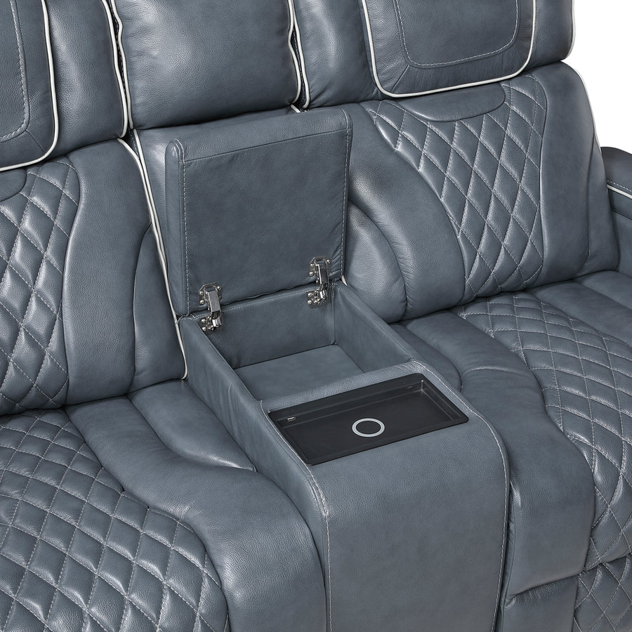 Apex Blue TOP GRAIN LEATHER/POWER/LED/MASSAGE Reclining Set 8449