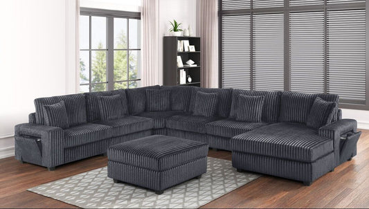 Bazoka Charcoal Corduroy 7pc Sectional With Ottoman