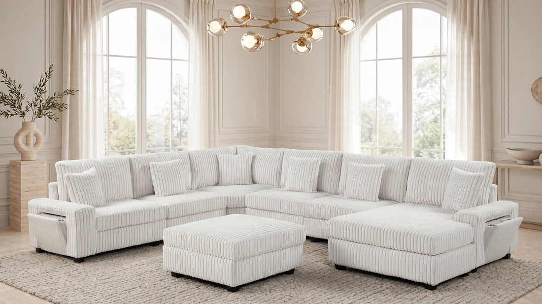 Bazoka Beige Corduroy 7PC Sectional With Ottoman