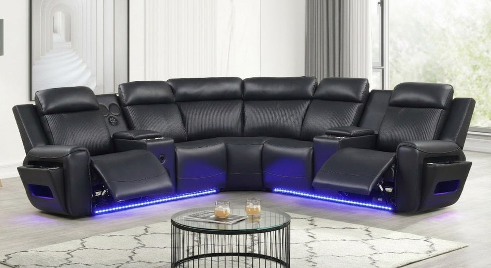 Galaxy Black Leather POWER/BLUETOOTH SPEAKERS/LED Reclining Sectional S3550