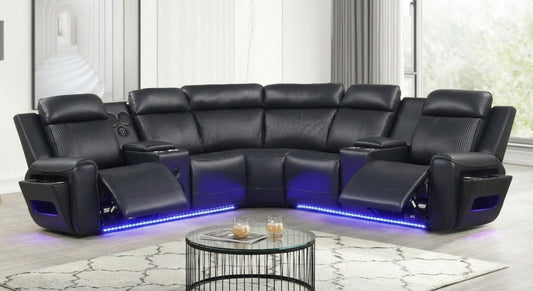 Galaxy Black Leather POWER/BLUETOOTH SPEAKERS/LED Reclining Sectional S3550
