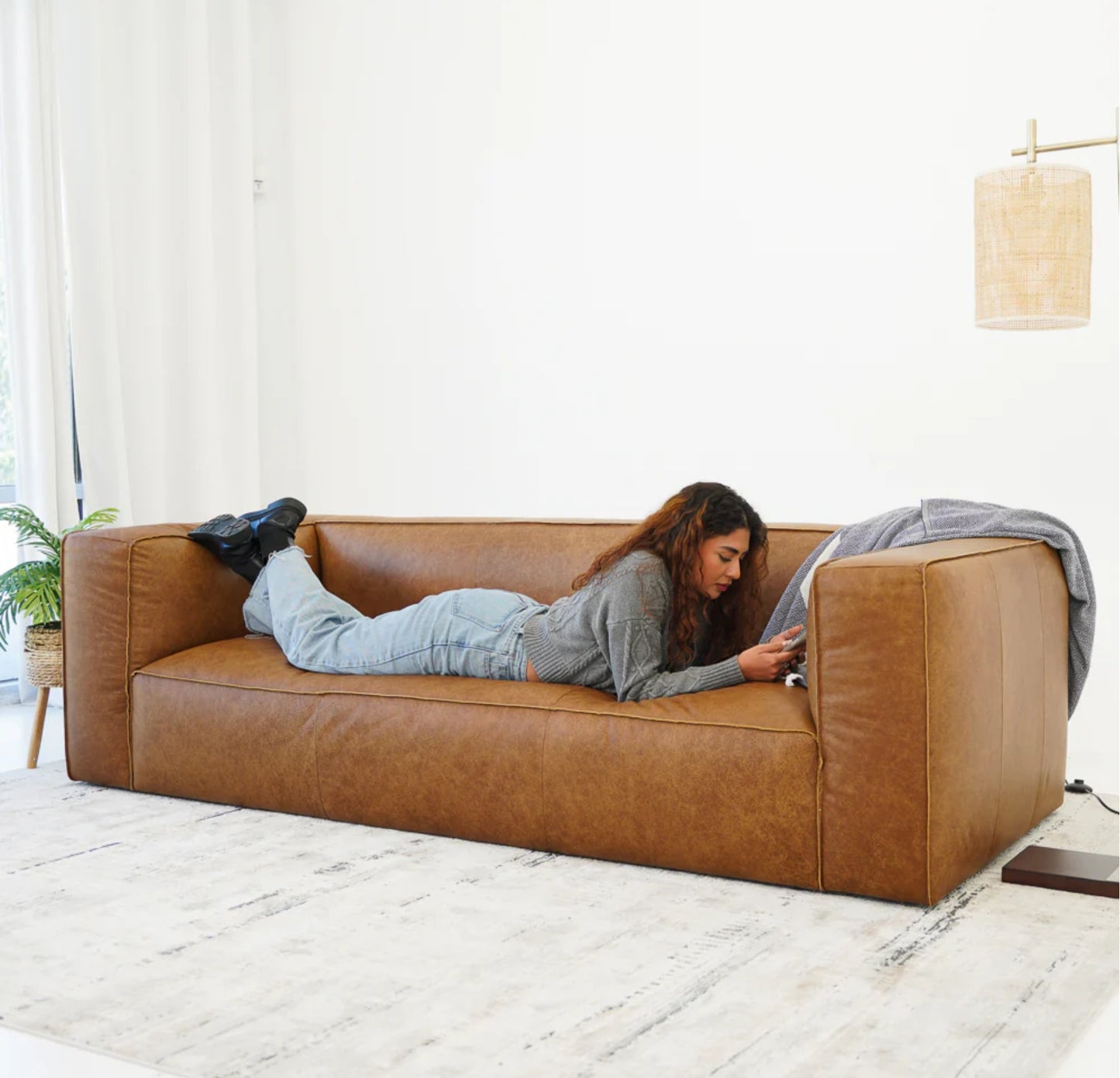 Colton Tan Mid-Century Modern Genuine Leather Sofa