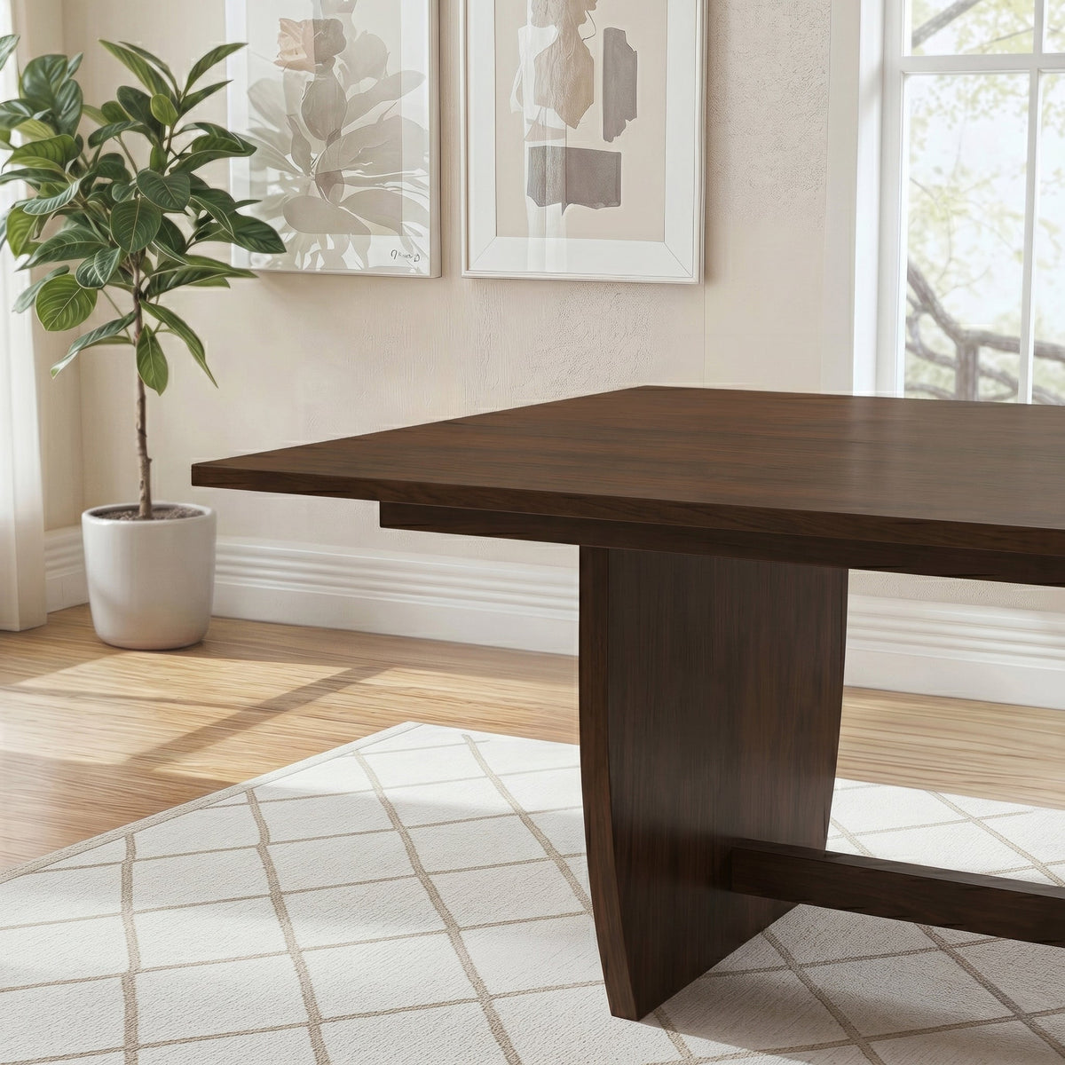 Preston Solid Wood Dining Table with Trestle Base in Warm Walnut Finish