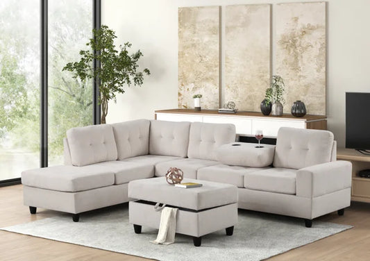 Heights45 Beige Fabric Reversible Sectional with Storage Ottoman