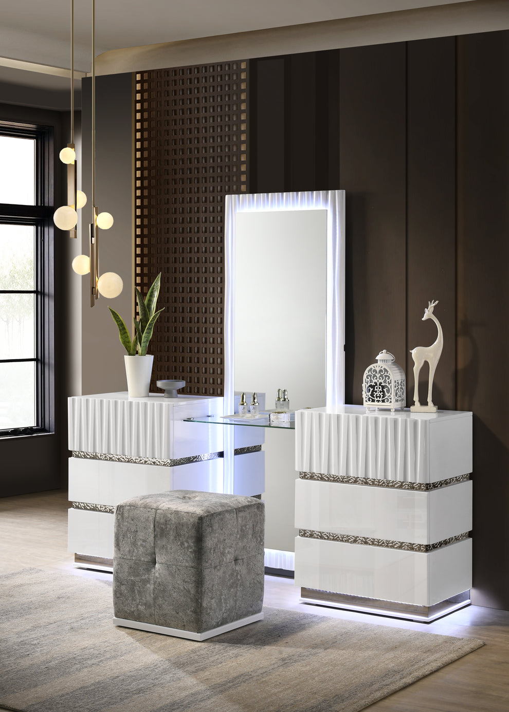 Lisbon White LED Vanity Set with Stool B32