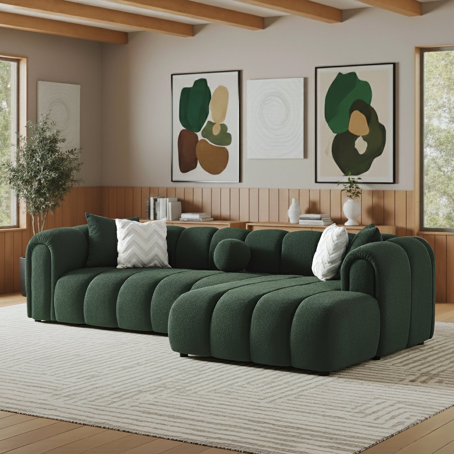 Beatrice 115" Modern Tufted Dark Green Boucle Right-Facing Sectional Sofa