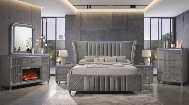 Cleopatra Grey FIREPLACE/LED/HEATING Bedroom Set