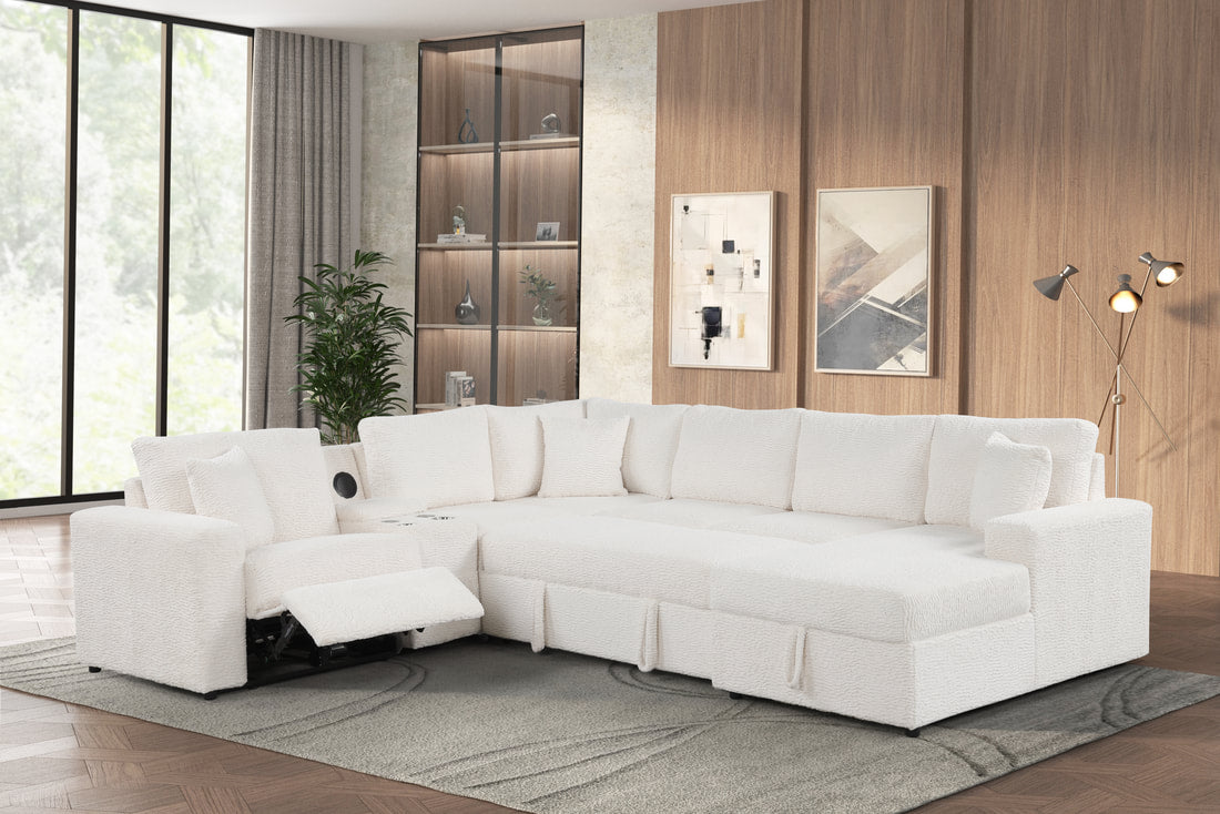 Hunter White Fabric BLUETOOTH SPEAKERS Pull Out Bed   Sectional
