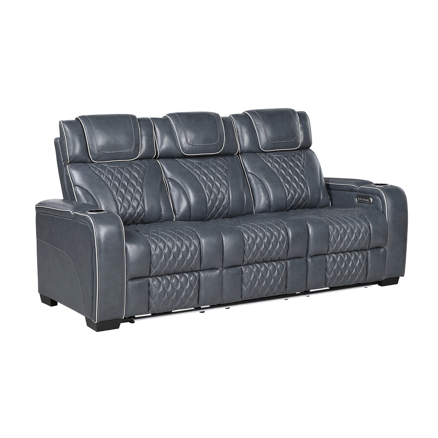 Apex Blue TOP GRAIN LEATHER/POWER/LED/MASSAGE Reclining Set 8449