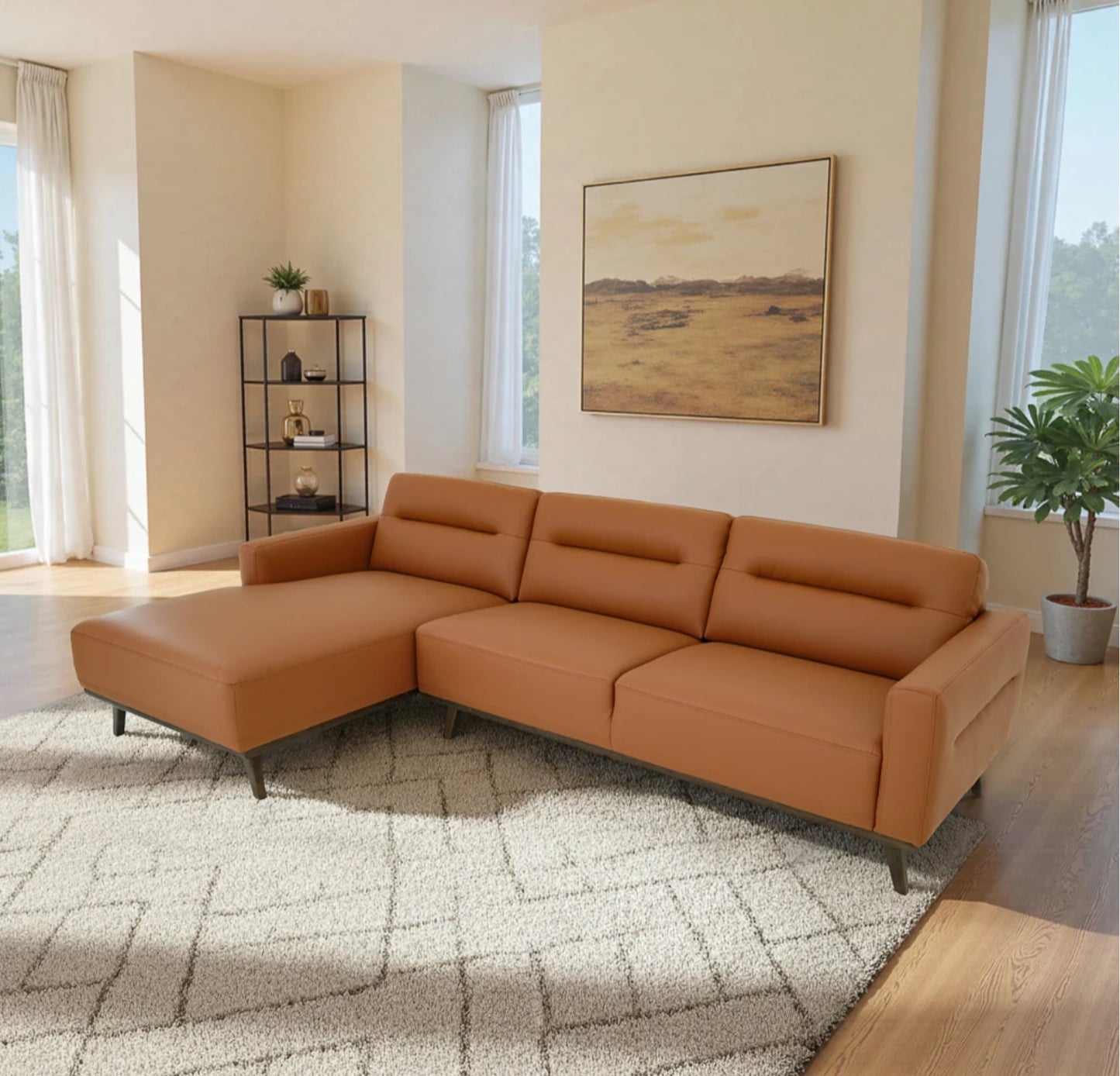 Ella 110" L-Shaped Cognac PU Leather Left Sectional