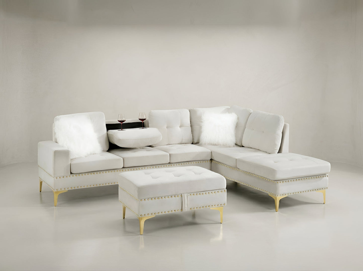 JoyII Beige Velvet Sectional with Ottoman S133