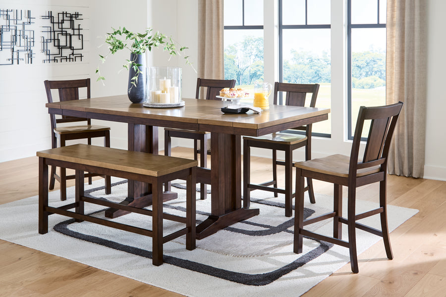 Rylandeen Light Brown/Dark Brown Counter Height Extension Dining Table 4 Barstools and Bench PCD687