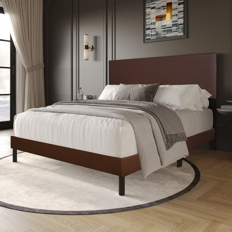 HH130 Brown Faux Leather King Platform Bed