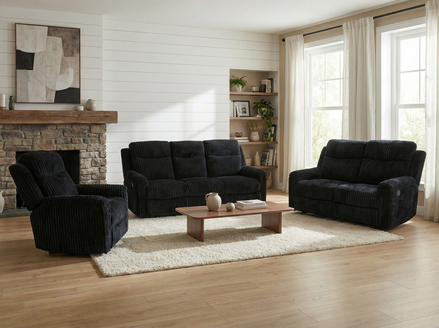 Grace Black Corduroy 3pc Reclining Living Room Set  S8585