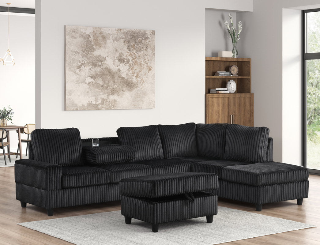 Heights48 Black Corduroy Fabric Reversible Sectional with Storage Ottoman