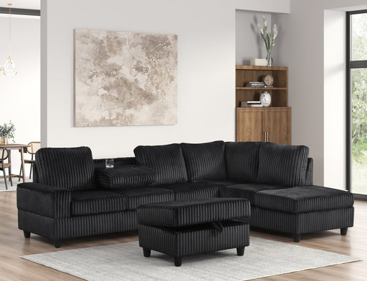 Heights48 Black Corduroy Fabric Reversible Sectional with Storage Ottoman