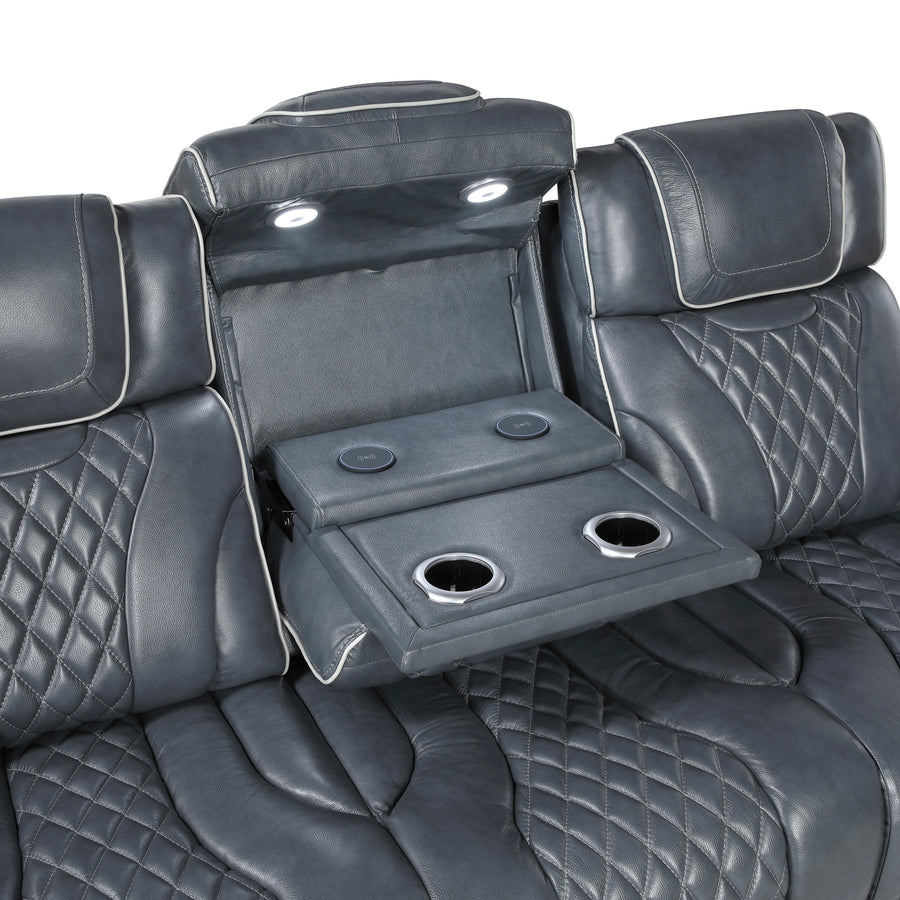 Apex Blue TOP GRAIN LEATHER/POWER/LED/MASSAGE Reclining Set 8449