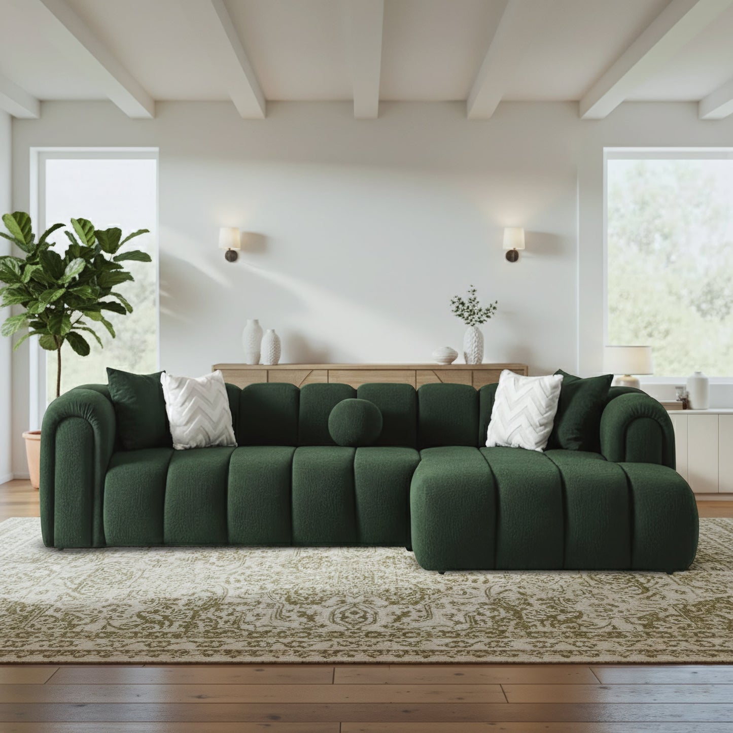 Beatrice 115" Modern Tufted Dark Green Boucle Right-Facing Sectional Sofa